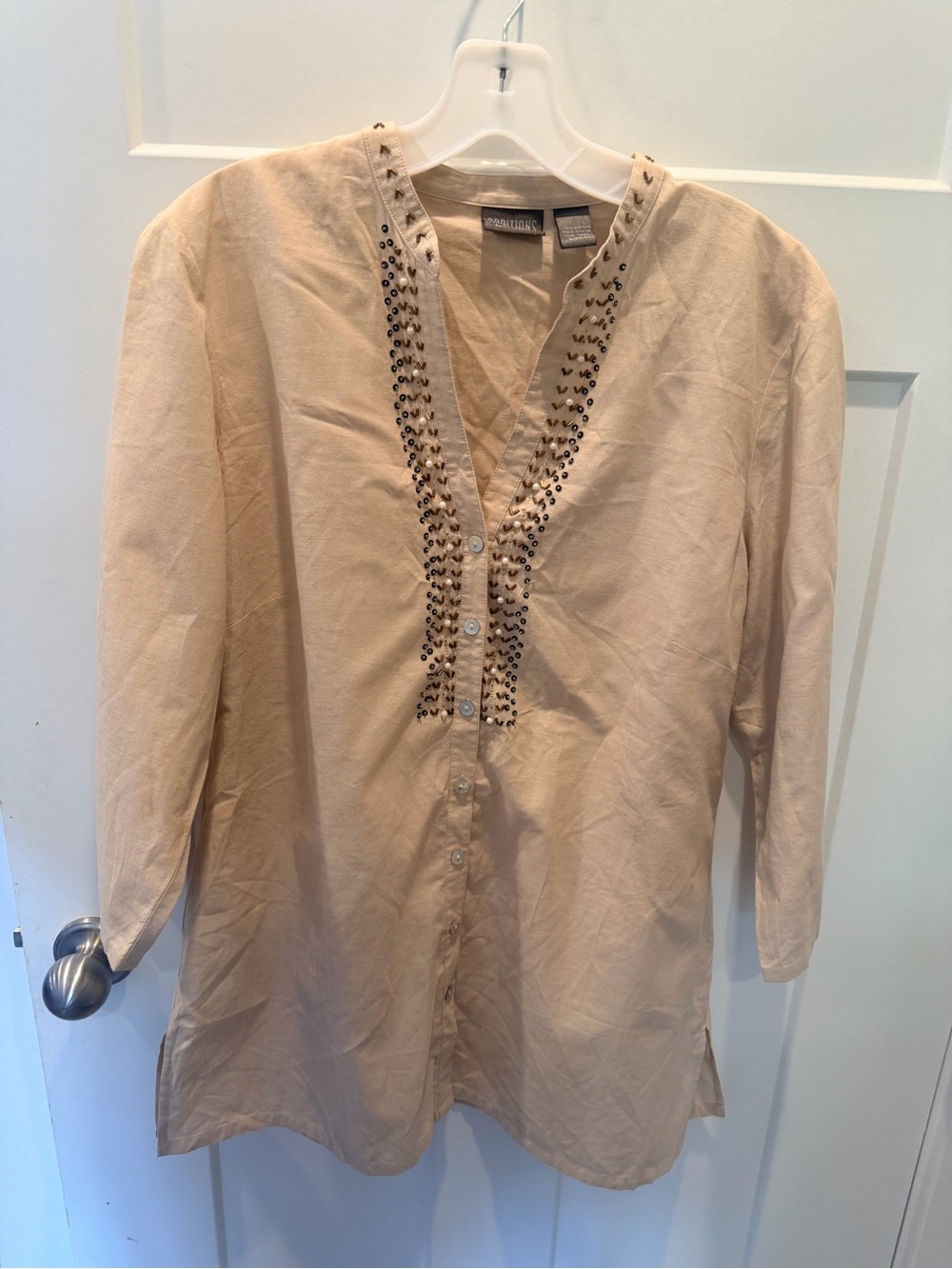 Additions by Chico’s Size 2 Large Beige Beaded Embroidered Cotton Tunic Top